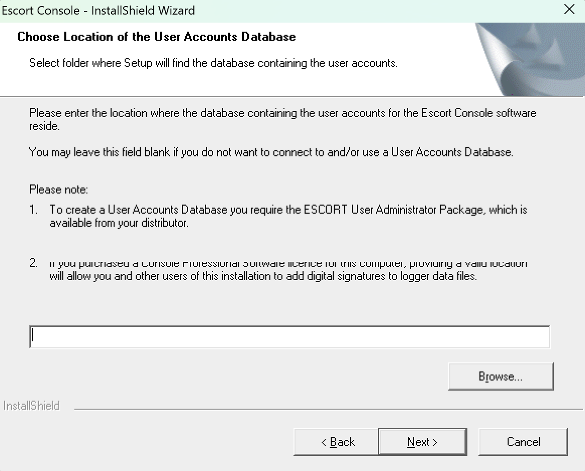 Escort Console 安裝 User Accounts Database 留空直接 Next|大元冷凍